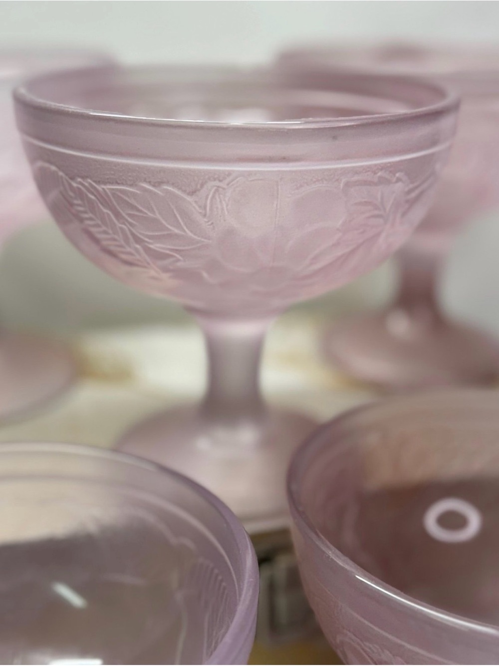 French Fruit Relief Dessert Glass Dish Ice Cups Art Deco 1920's 4.5" Set of 7